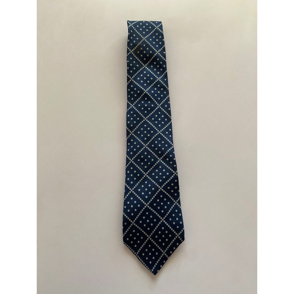 Christian Dior Mens Silk Tie Navy Blue Geometric Polka Dot Italy Fabric USA Made